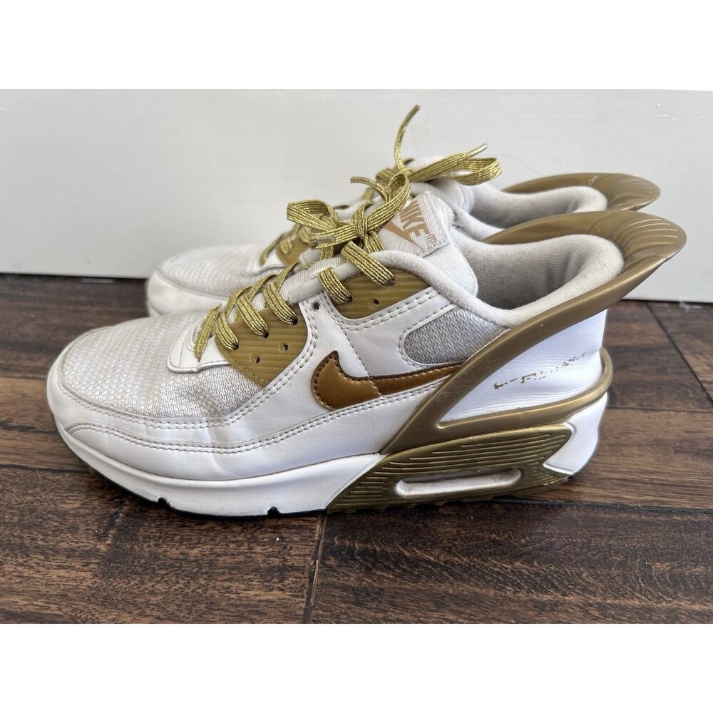 Nike Air Max 90 FlyEase CU0814-100 White Metallic Gold Women 8 Youth 6.5 USED